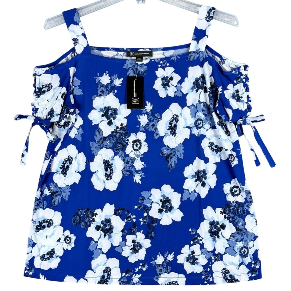 NEW Inc International Concepts Petite Size PM Blue Floral Cold Shoulder Top Boho